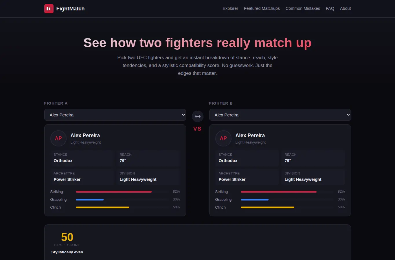 Screenshot of UFC Fighter Style Matchup Explorer interface showing the project page in use